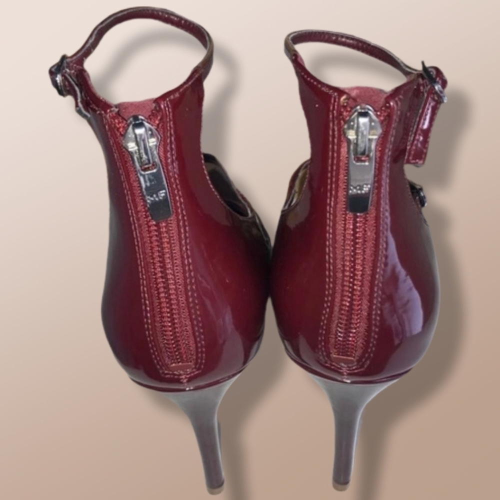 MARC FISHER Burgundy Patent Leather Strappy Pointed Toe Heels Ankle Strap Size 8 - Picture 8 of 13